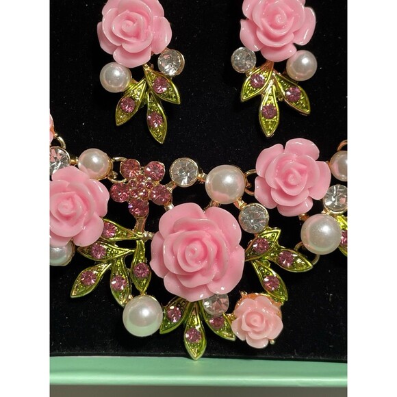 EVER FAITH Women's Austrian Crystal Simulated Pearl Rose Flower Leaf Necklace... - Picture 4 of 12